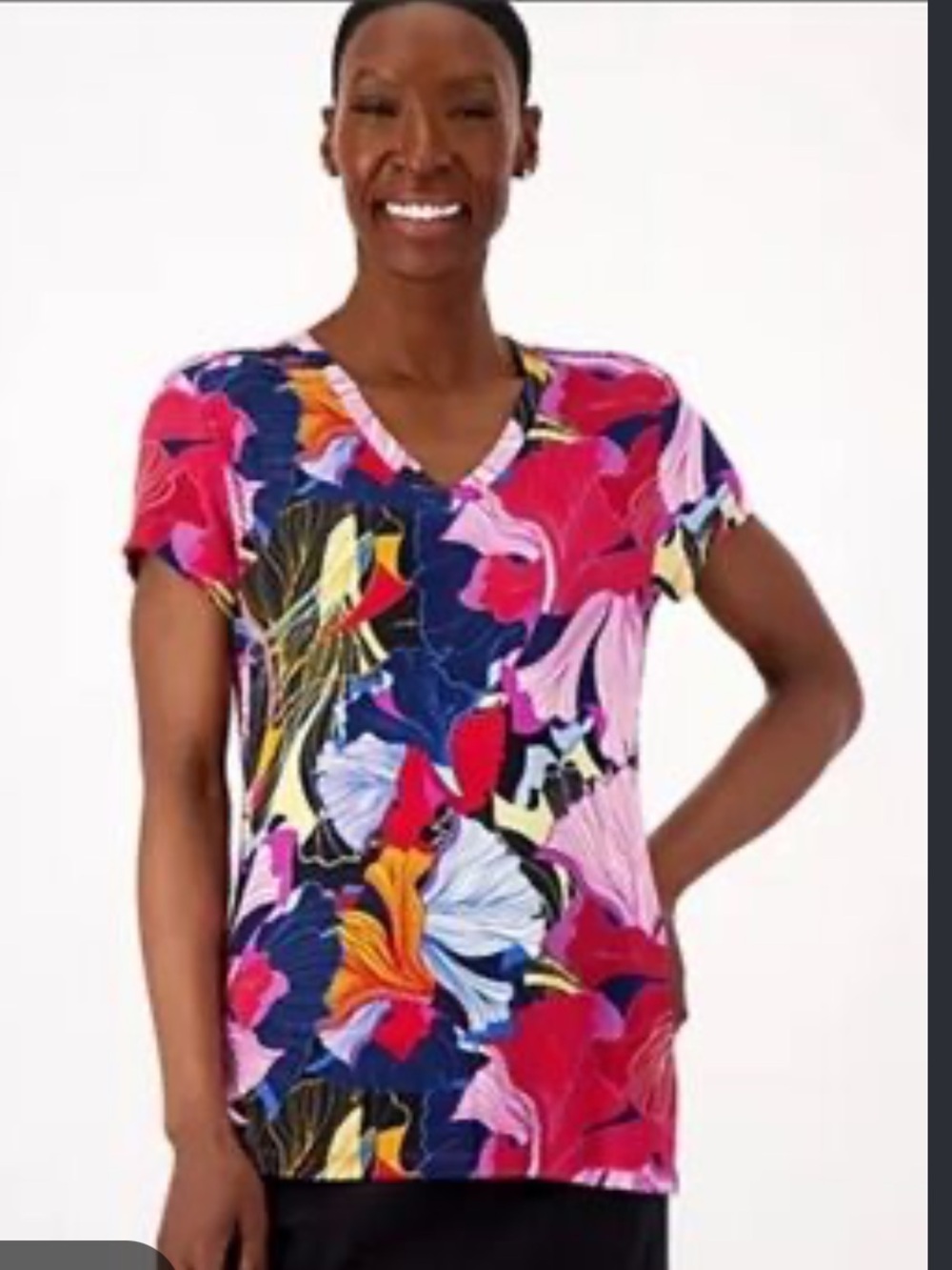 Attitudes by Renee Modal Pink Navy Multi Floral V-Neck Short Sleeve Top Size XL